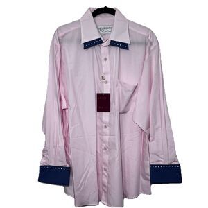 Il Canto Men's Pink Dress Shirt w Blue Cuffs & Collar w Rhinestones Size 17